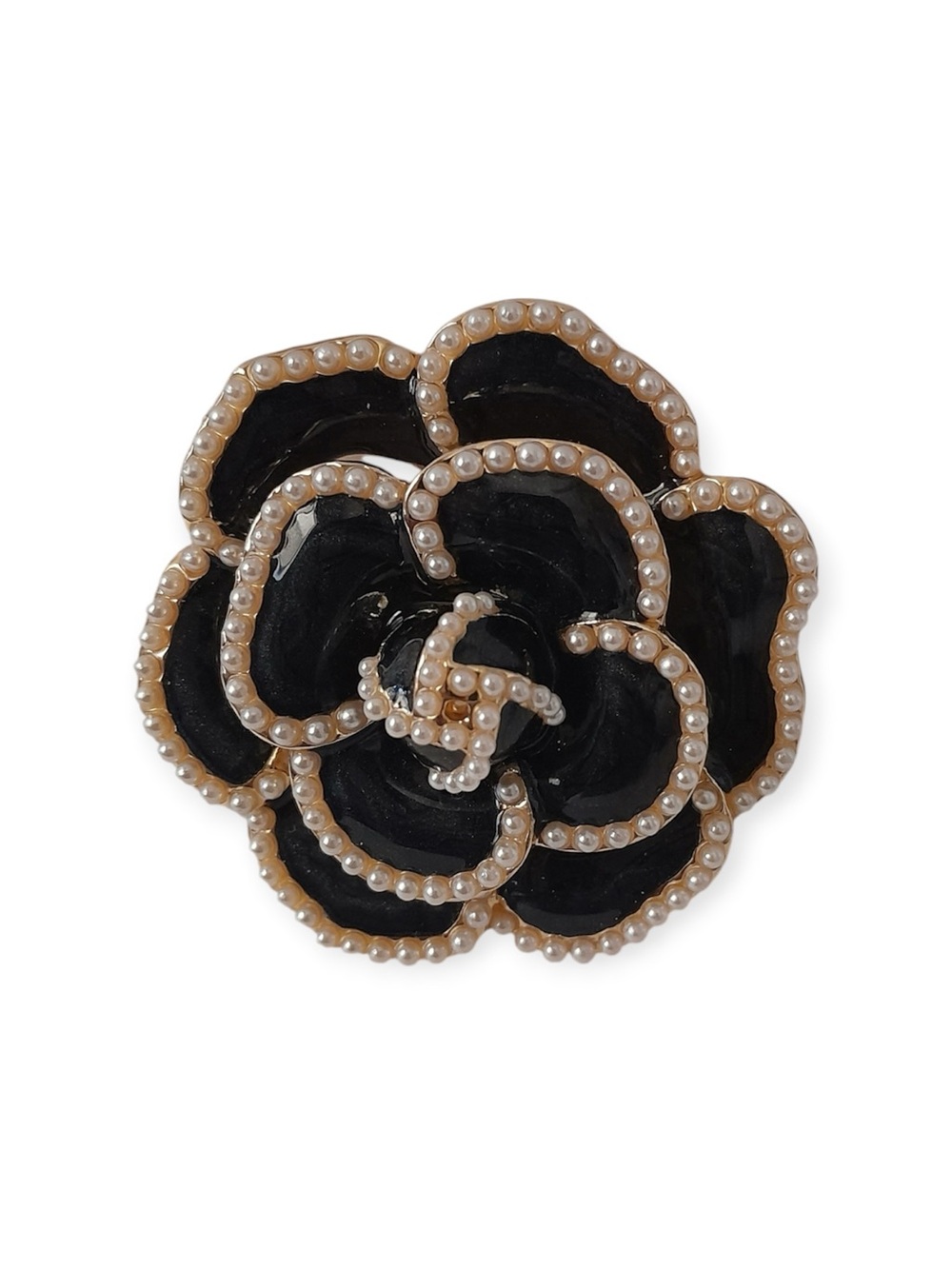 Black Camellia Floral Faux Pearl Brooch Pin Gold Tone